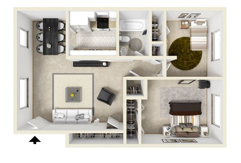 Floor plan for 2 beds, 1 bath, 756 sqft